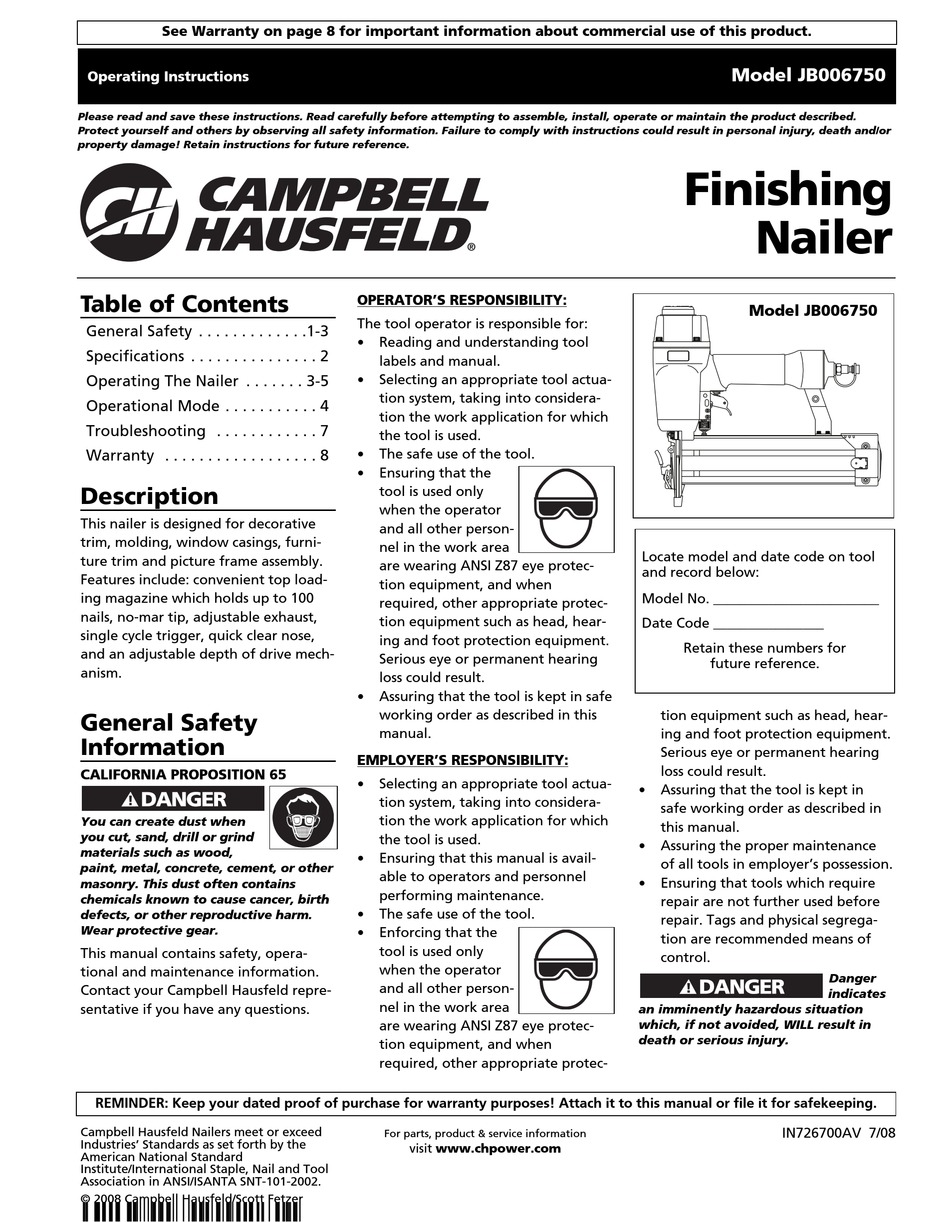 CAMPBELL HAUSFELD FINISHING NAILER JB006750 OPERATING INSTRUCTIONS