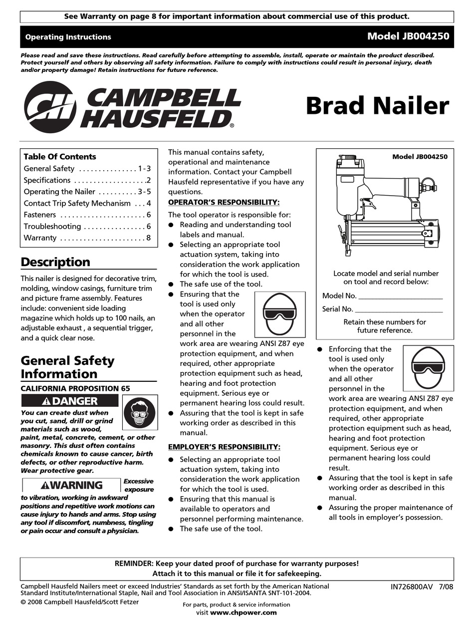 CAMPBELL HAUSFELD JB004250 OPERATING INSTRUCTIONS MANUAL Pdf Download ManualsLib