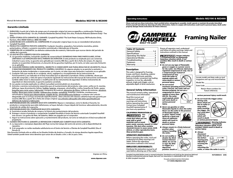 CAMPBELL HAUSFELD NS2190 OPERATING INSTRUCTIONS MANUAL Pdf Download