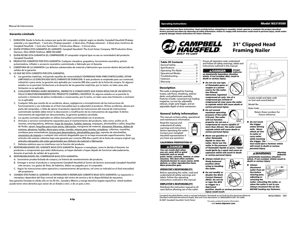 CAMPBELL HAUSFELD NS319500 OPERATING INSTRUCTIONS MANUAL Pdf Download