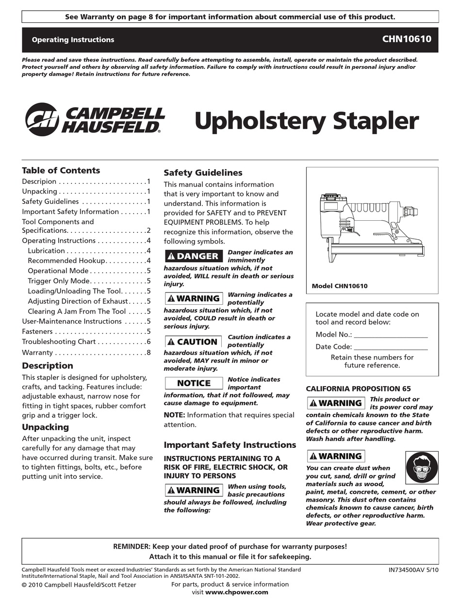 CAMPBELL HAUSFELD CHN10610 OPERATING INSTRUCTIONS MANUAL Pdf Download