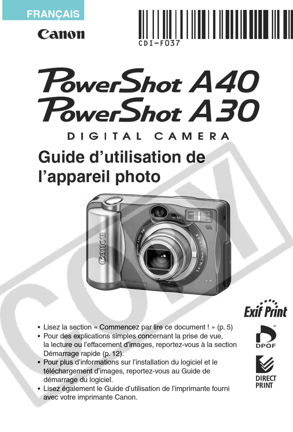 CANON POWERSHOT A30 GUIDE UTILISATEUR Pdf Download ManualsLib