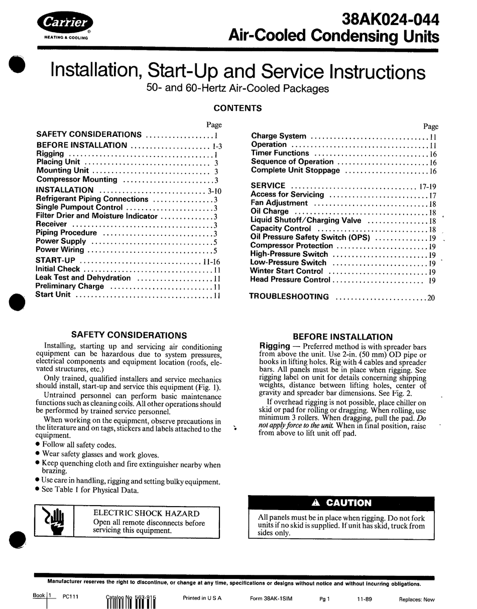 CARRIER 38AK024-044 INSTALLATION, START-UP AND SERVICE INSTRUCTIONS ...