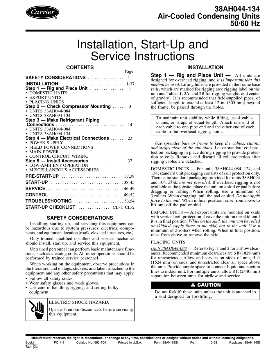 CARRIER 38AH044-084 INSTALLATION, START-UP AND SERVICE INSTRUCTIONS