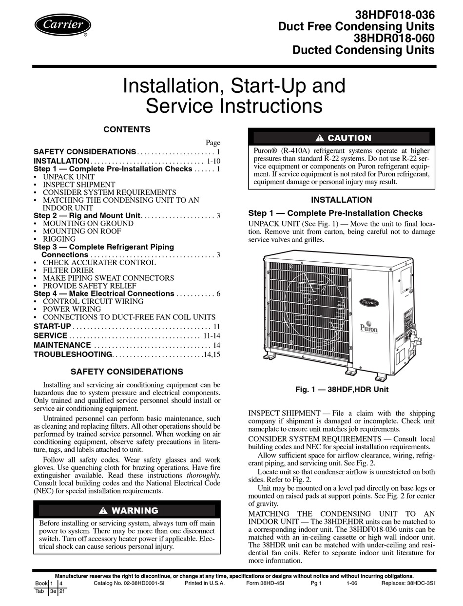 CARRIER 38HDF018036 INSTALLATION, STARTUP AND SERVICE INSTRUCTIONS