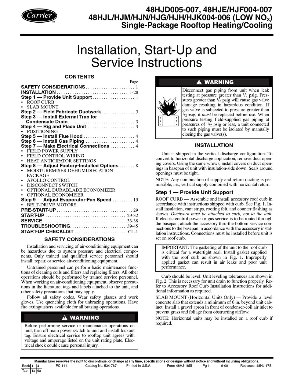 CARRIER 48HJD005-007 INSTALLATION, START-UP AND SERVICE INSTRUCTIONS ...