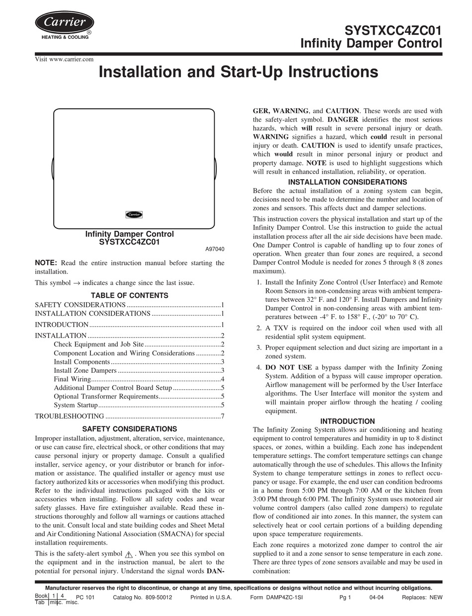 CARRIER SYSTXCC4ZC01 INSTALLATION AND START-UP INSTRUCTIONS MANUAL Pdf