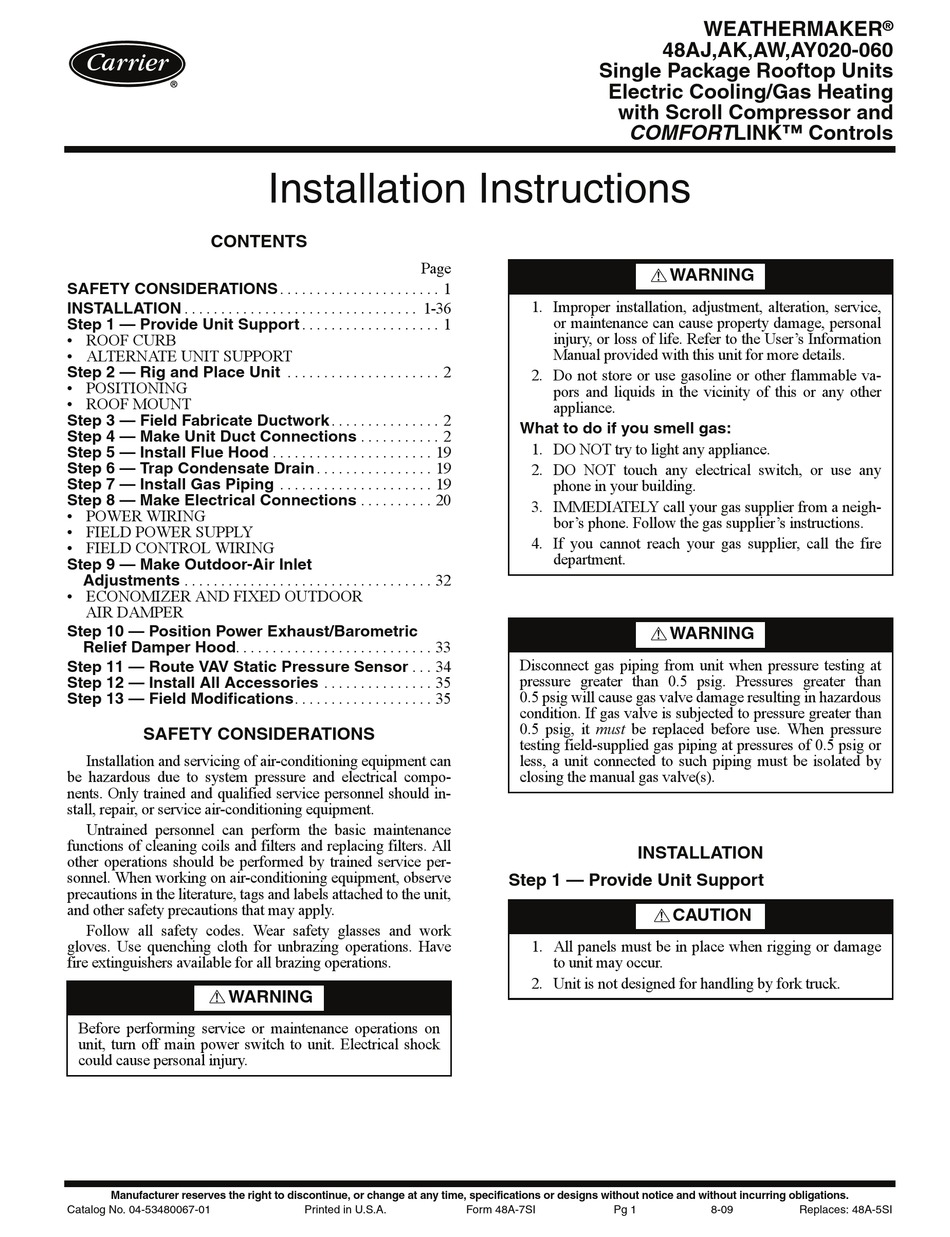 CARRIER WEATHERMAKER 48AJ INSTALLATION INSTRUCTIONS MANUAL Pdf Download ...