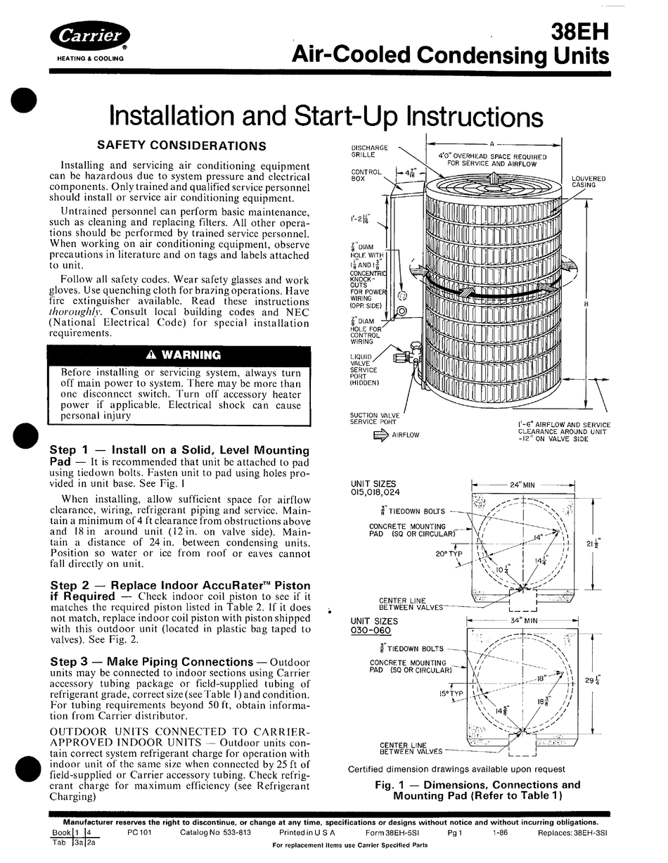 CARRIER AIR COOLED CONDENSING UNIT 38EH INSTALLATION AND START-UP