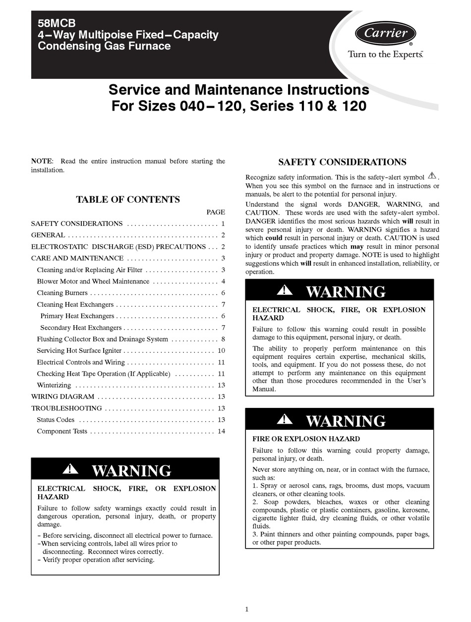 CARRIER 58MCB SERVICE AND MAINTENANCE INSTRUCTIONS Pdf Download