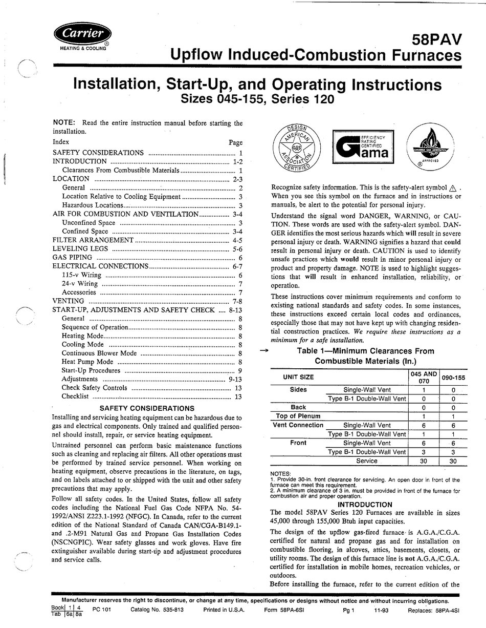 CARRIER UPFLOW FURNACES 58PAV INSTALLATION, STARTUP