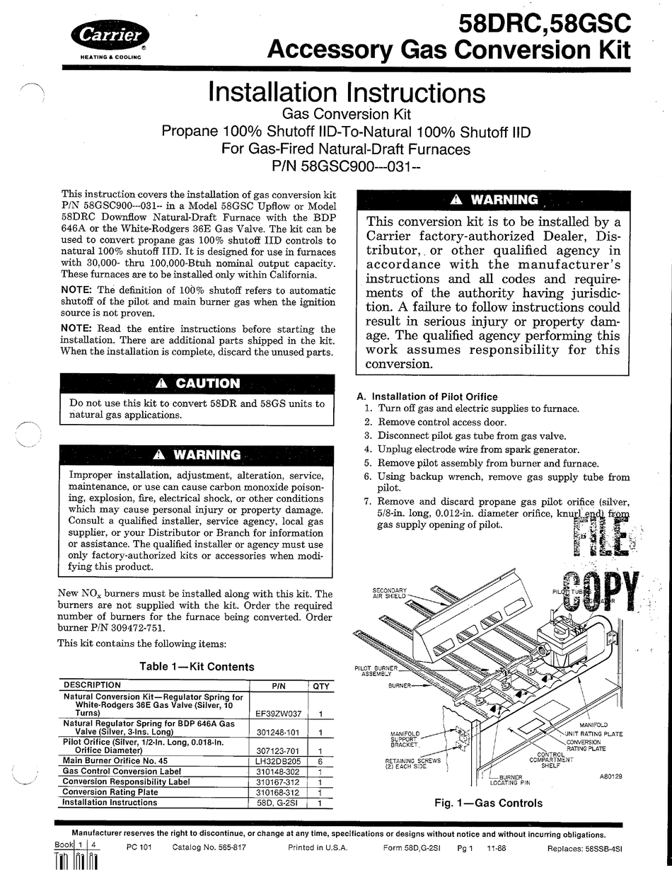 CARRIER 58DRC INSTALLATION INSTRUCTIONS Pdf Download | ManualsLib