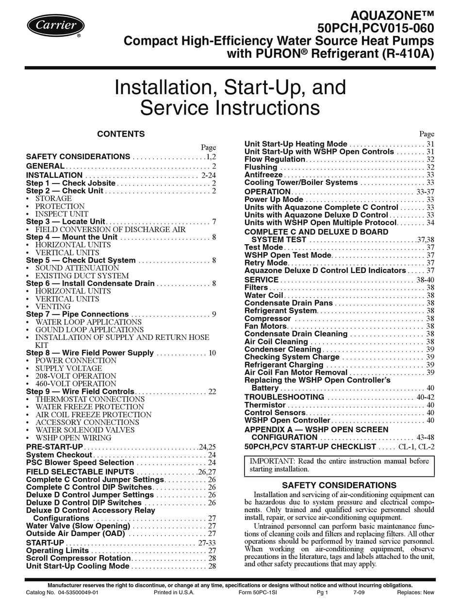 CARRIER AQUAZONE PCV015-060 INSTALLATION AND SERVICE INSTRUCTIONS