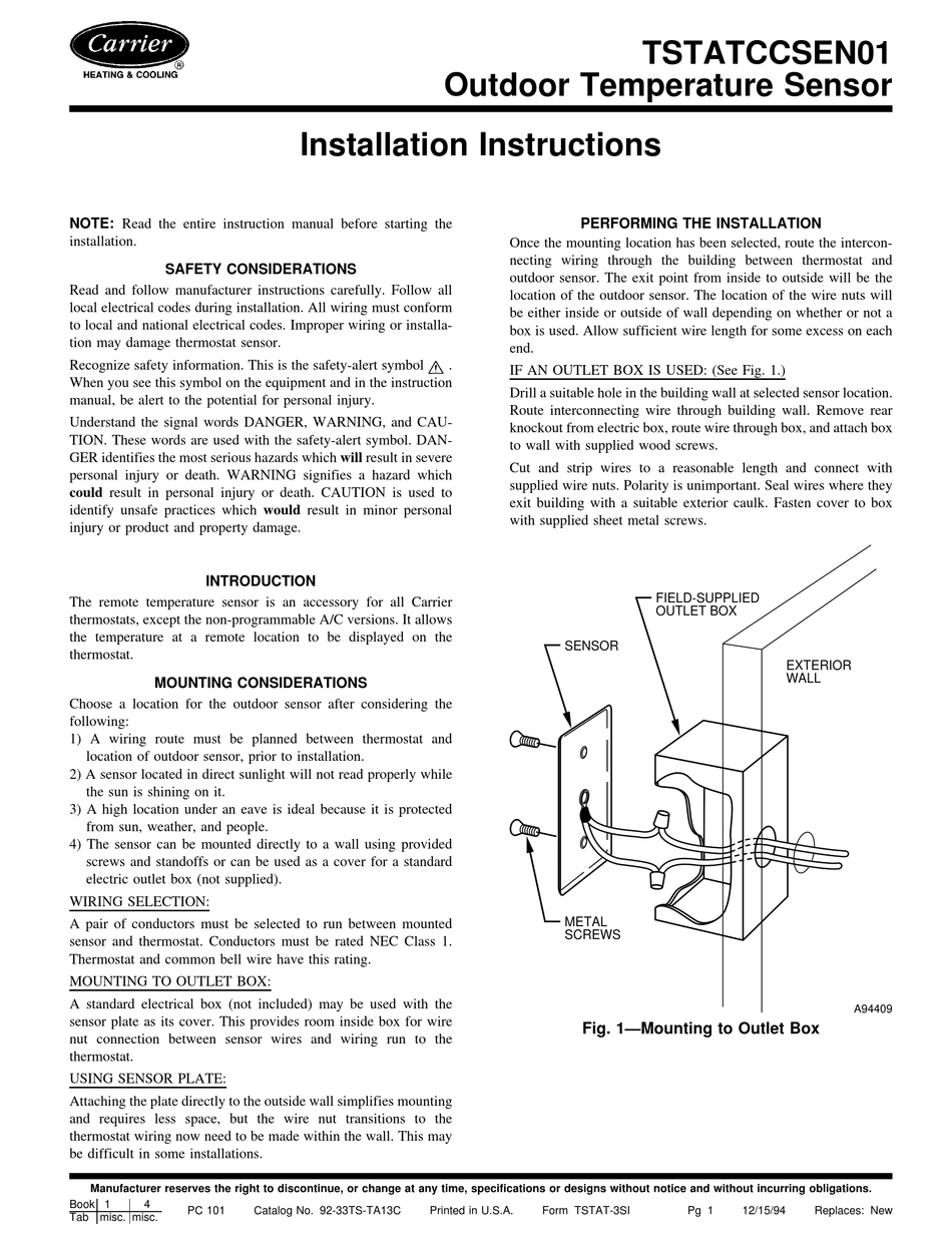 CARRIER OUTDOOR TEMPERATURE SENSOR TSTATCCSEN01 INSTALLATION ...