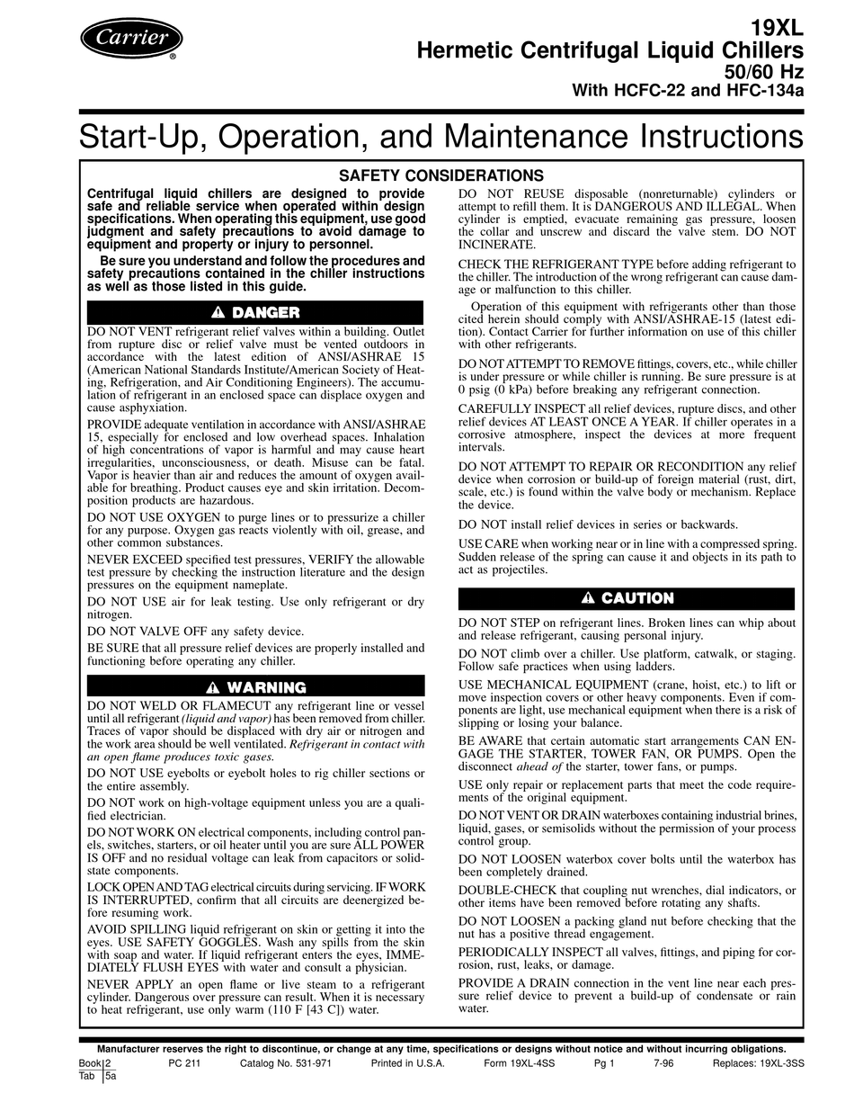 CARRIER 19XL START-UP, OPERATION AND MAINTENANCE INSTRUCTIONS MANUAL