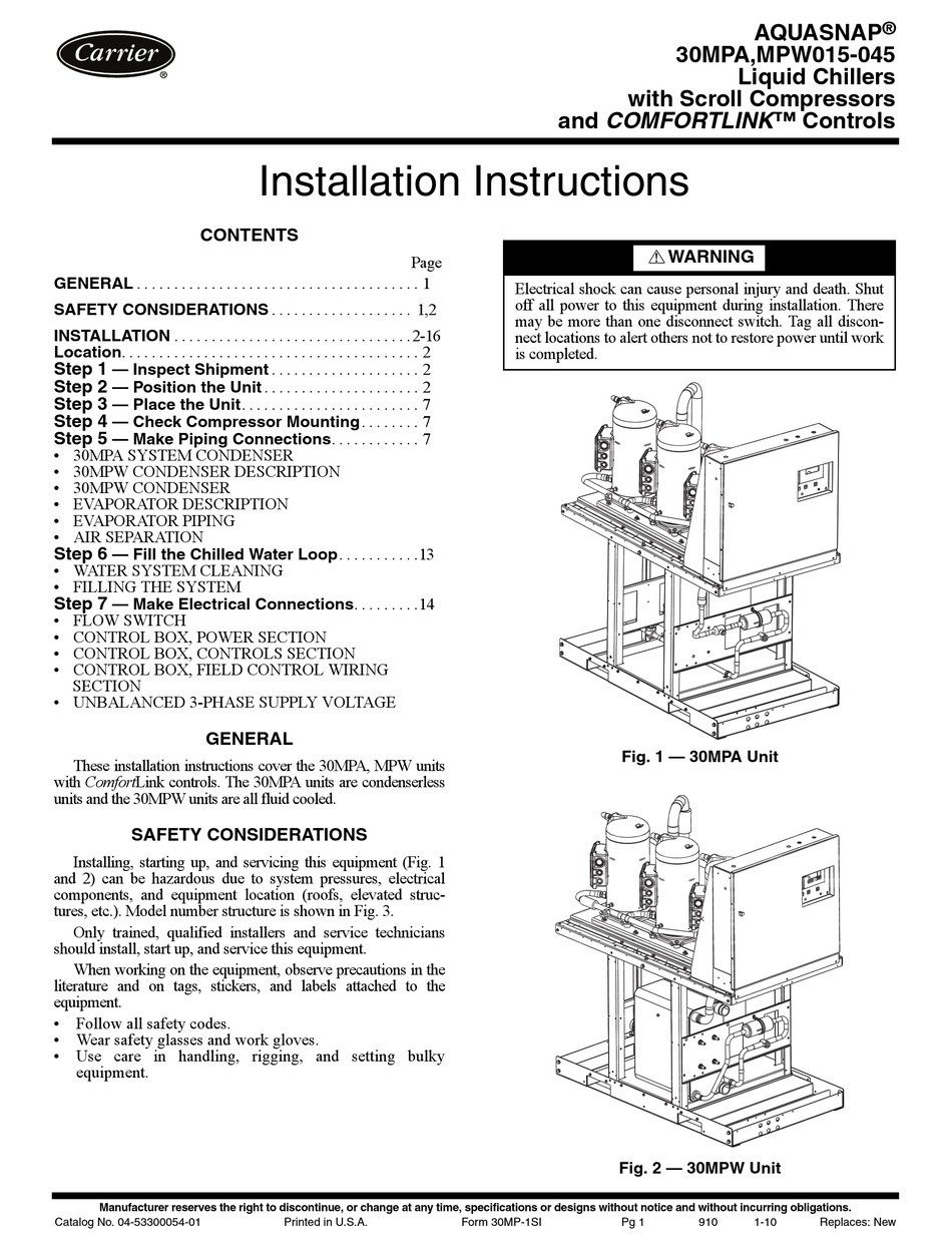 CARRIER AQUASNAP 30MPA USER MANUAL Pdf Download | ManualsLib