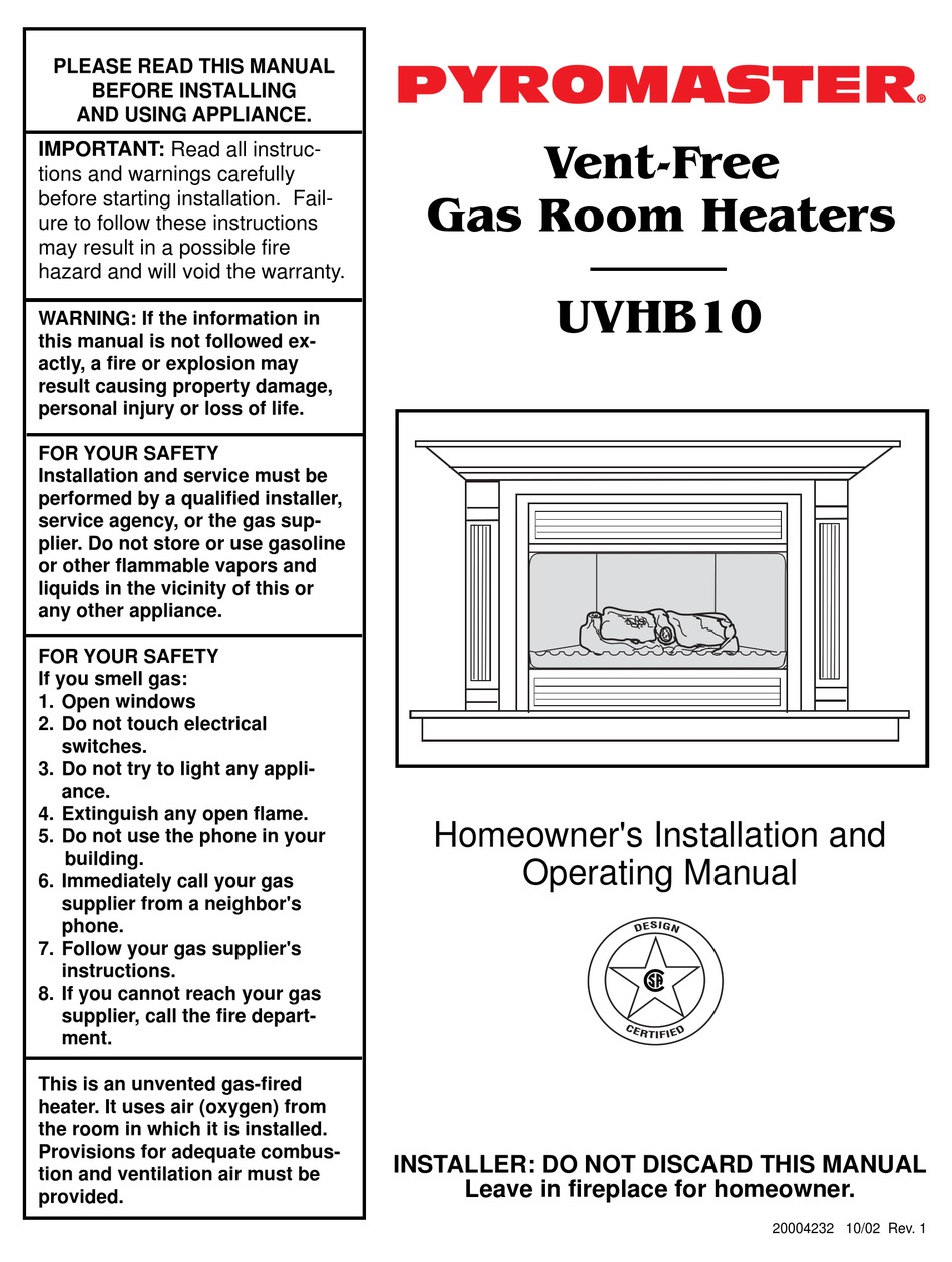 Pyromaster Uvhb10 Homeowner S Installation And Operating Manual Pdf Download Manualslib