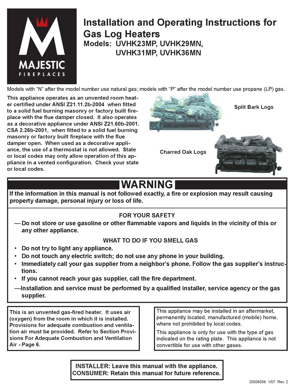MAJESTIC FIREPLACES UVHK23MP INSTALLATION AND OPERATING INSTRUCTIONS