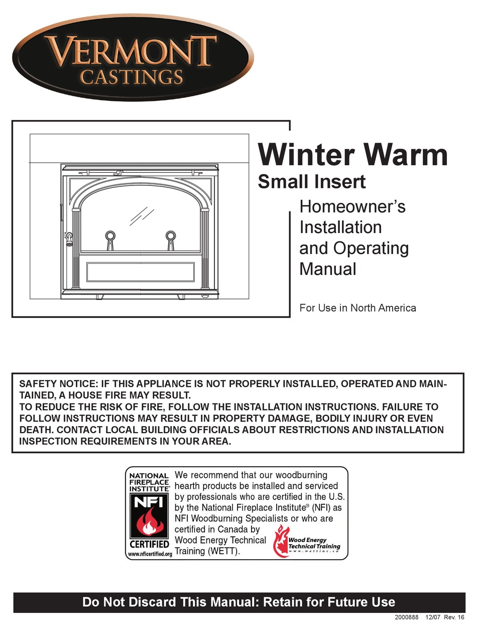 VERMONT CASTINGS WINTER WARM - SMALL INSERT HOMEOWNER'S INSTALLATION AND  OPERATING MANUAL Pdf Download | ManualsLib
