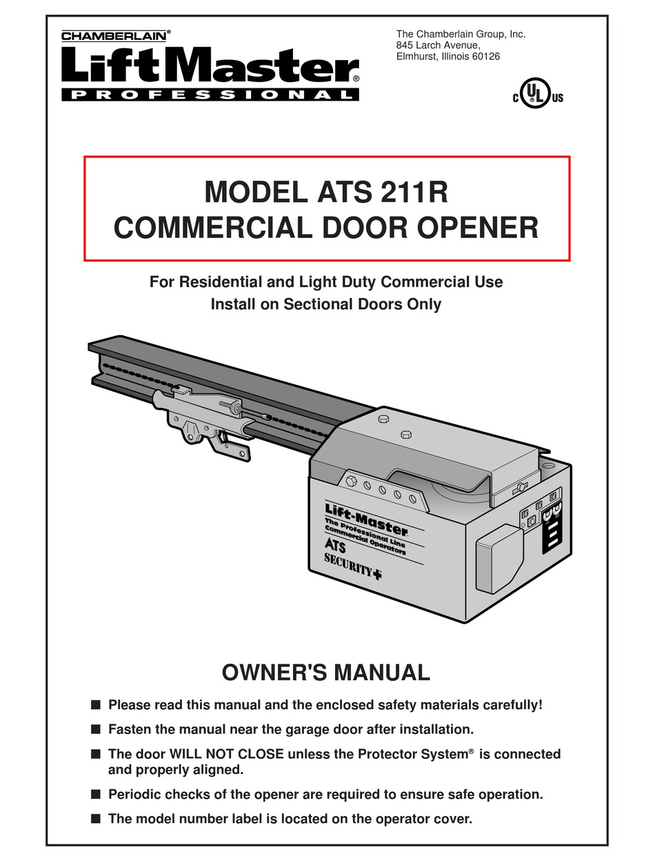 CHAMBERLAIN LIFTMASTER PROFESSIONAL ATS 211R OWNER