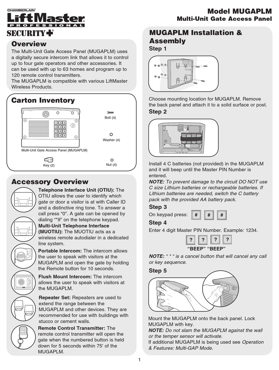 CHAMBERLAIN LIFTMASTER MUGAPLM USER MANUAL Pdf Download ManualsLib