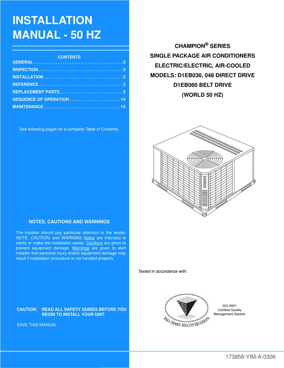 YORK D1EB036 INSTALLATION MANUAL Pdf Download | ManualsLib