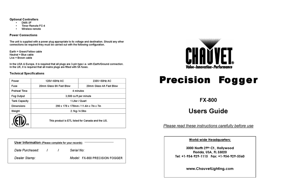 CHAUVET PRECISION FOGGER FX800 USER MANUAL Pdf Download ManualsLib