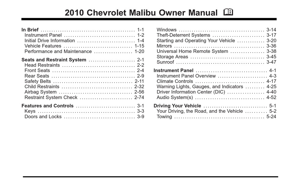 CHEVROLET 2010 MALIBU OWNER'S MANUAL Pdf Download | ManualsLib