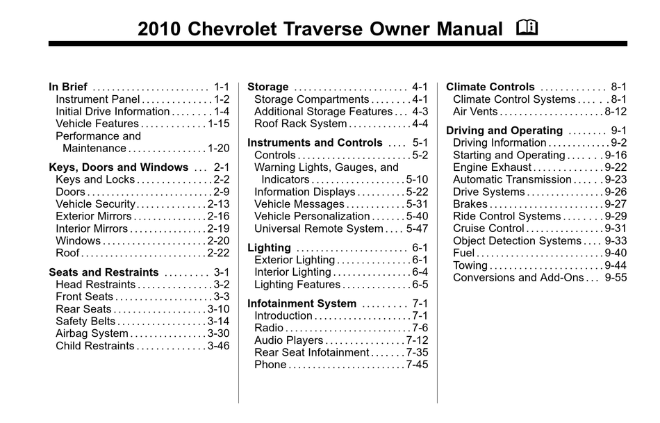 CHEVROLET 2010 TRAVERSE OWNER