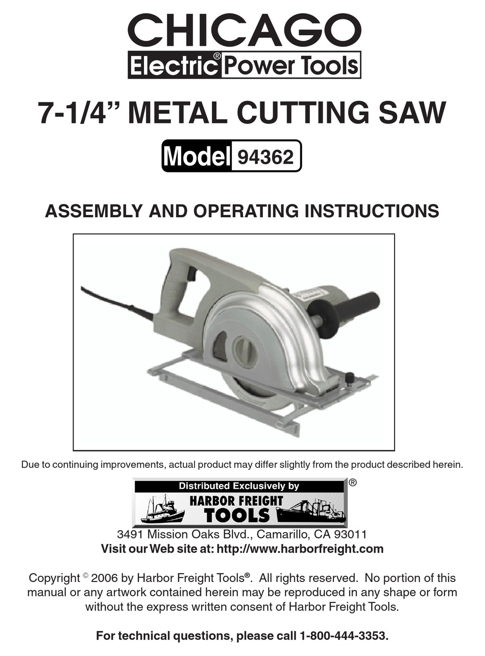 CHICAGO ELECTRIC POWER TOOL 94362 ASSEMBLY AND OPERATING INSTRUCTIONS