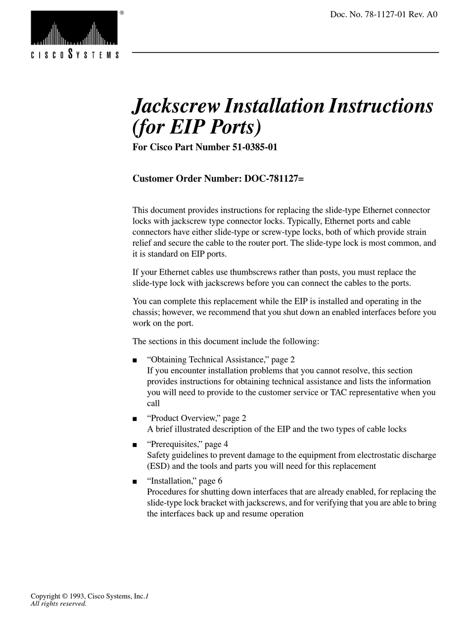 CISCO CONNECTORS JACKSCREW INSTALLATION INSTRUCTIONS MANUAL