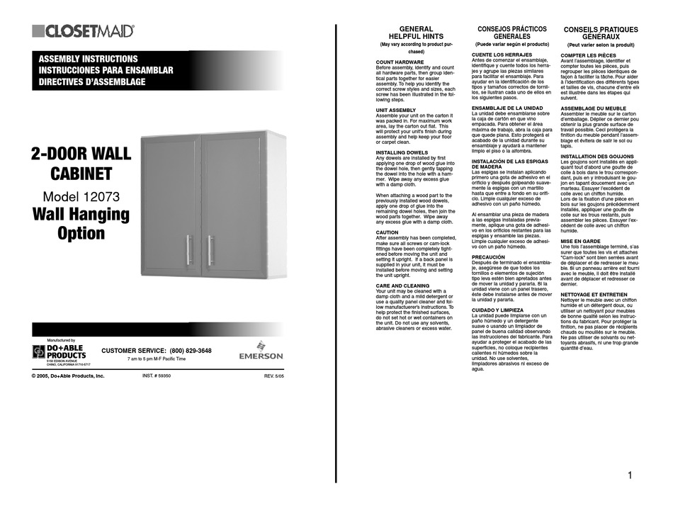 CLOSET MAID 2-DOOR WALL CABINET 12073 ASSEMBLY INSTRUCTIONS MANUAL Pdf ...