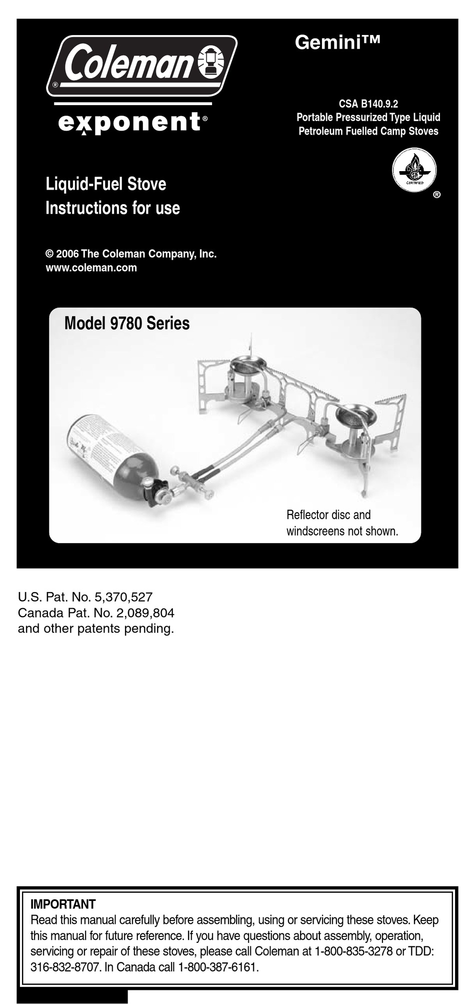 COLEMAN EXPONENT GEMINI 9780 SERIES INSTRUCTIONS FOR USE MANUAL Pdf