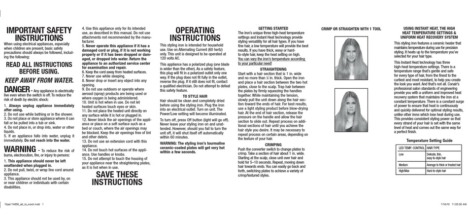 infiniti pro conair flat iron temperature guide