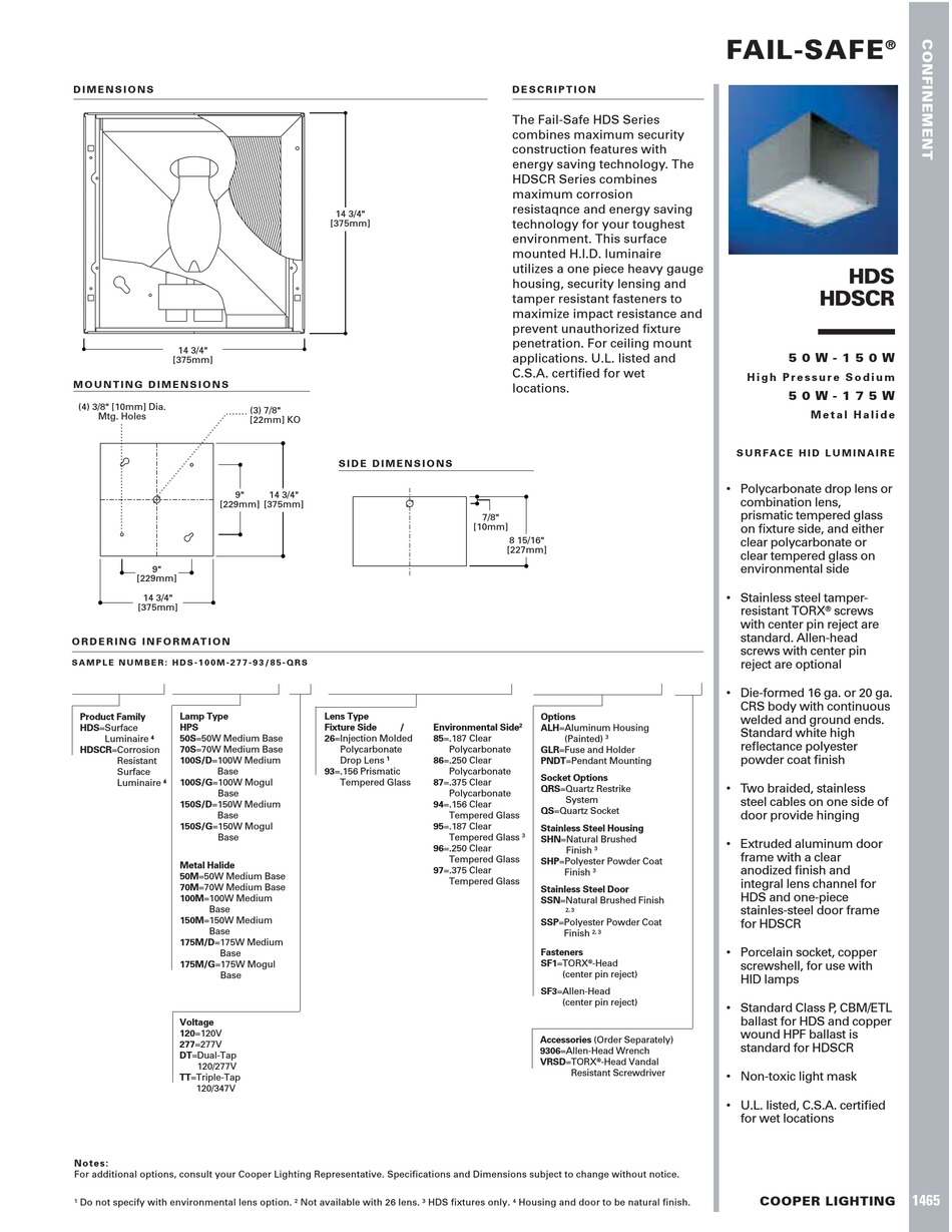 COOPER LIGHTING FAILSAFE HDS SPECIFICATION SHEET Pdf Download ManualsLib
