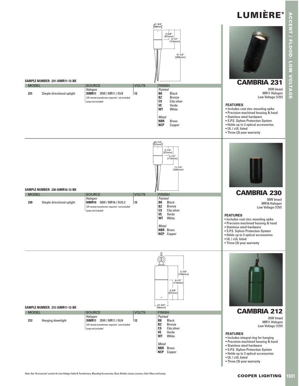 COOPER LIGHTING LUMIERE CAMBRIA 212 SPECIFICATION SHEET Pdf Download ManualsLib
