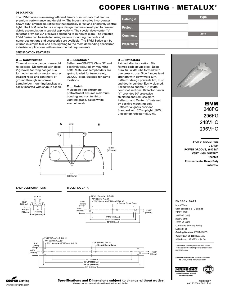 Cooper Lighting Metalux 248vho Specifications Pdf Download 