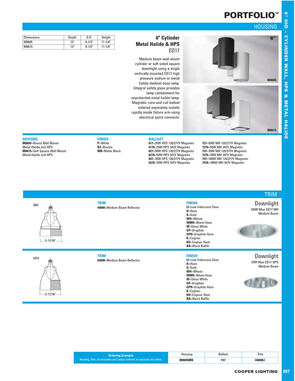 COOPER LIGHTING PORTFOLIO M8605 SPECIFICATION SHEET Pdf Download