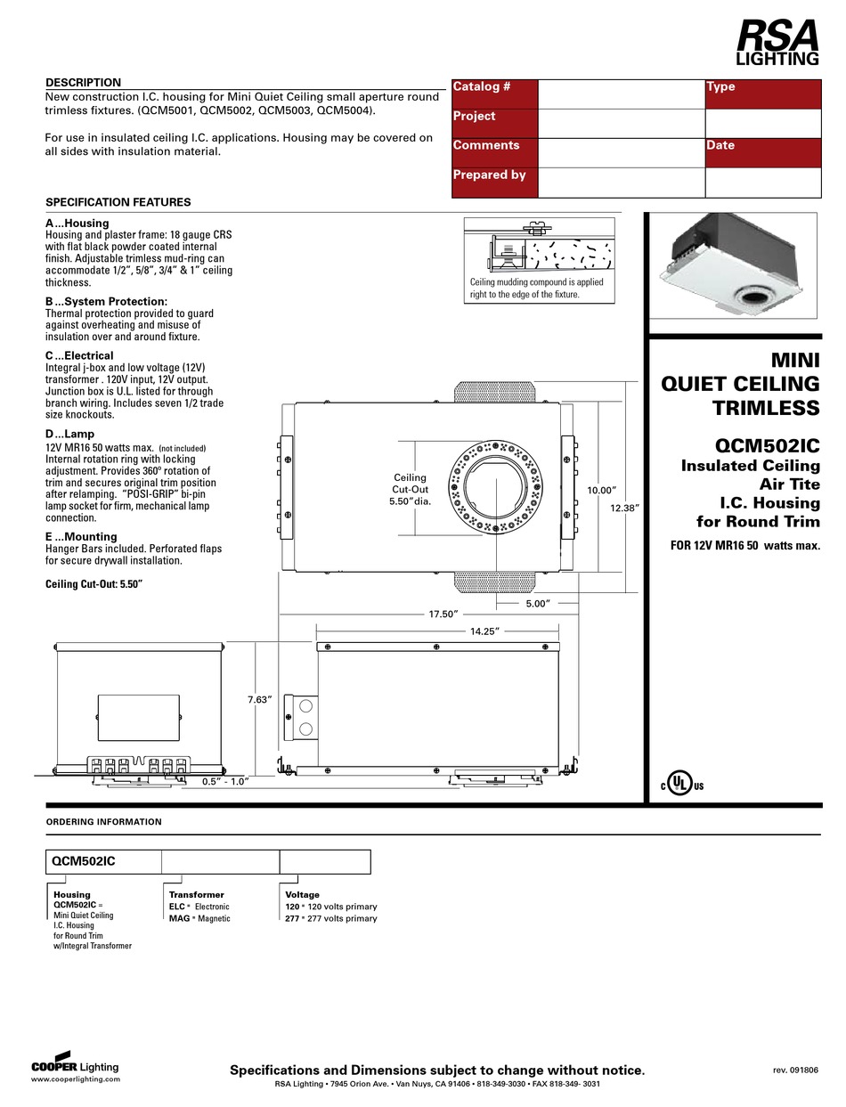 RSA LIGHTING QCM502IC SPECIFICATION Pdf Download | ManualsLib