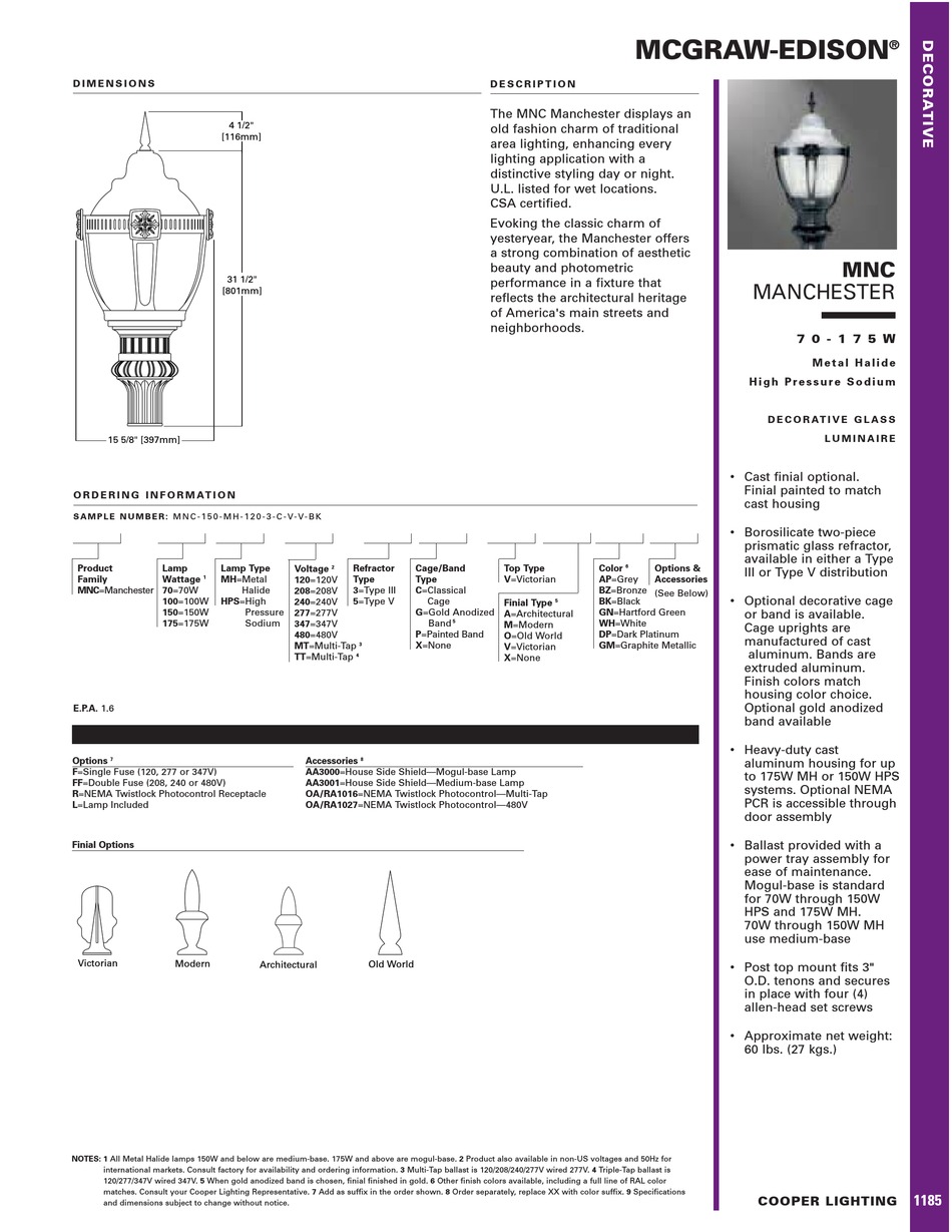 COOPER LIGHTING MANCHESTER 70175W SPECIFICATION SHEET Pdf Download
