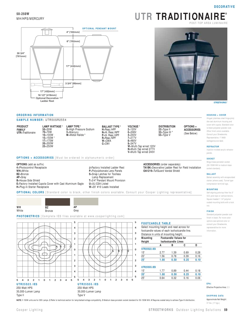 COOPER LIGHTING TRADITIONAIRE UTR50SR2554 SPECIFICATIONS Pdf Download ...