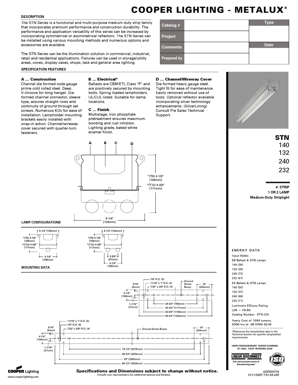 COOPER LIGHTING METALUX 132 SPECIFICATIONS Pdf Download | ManualsLib