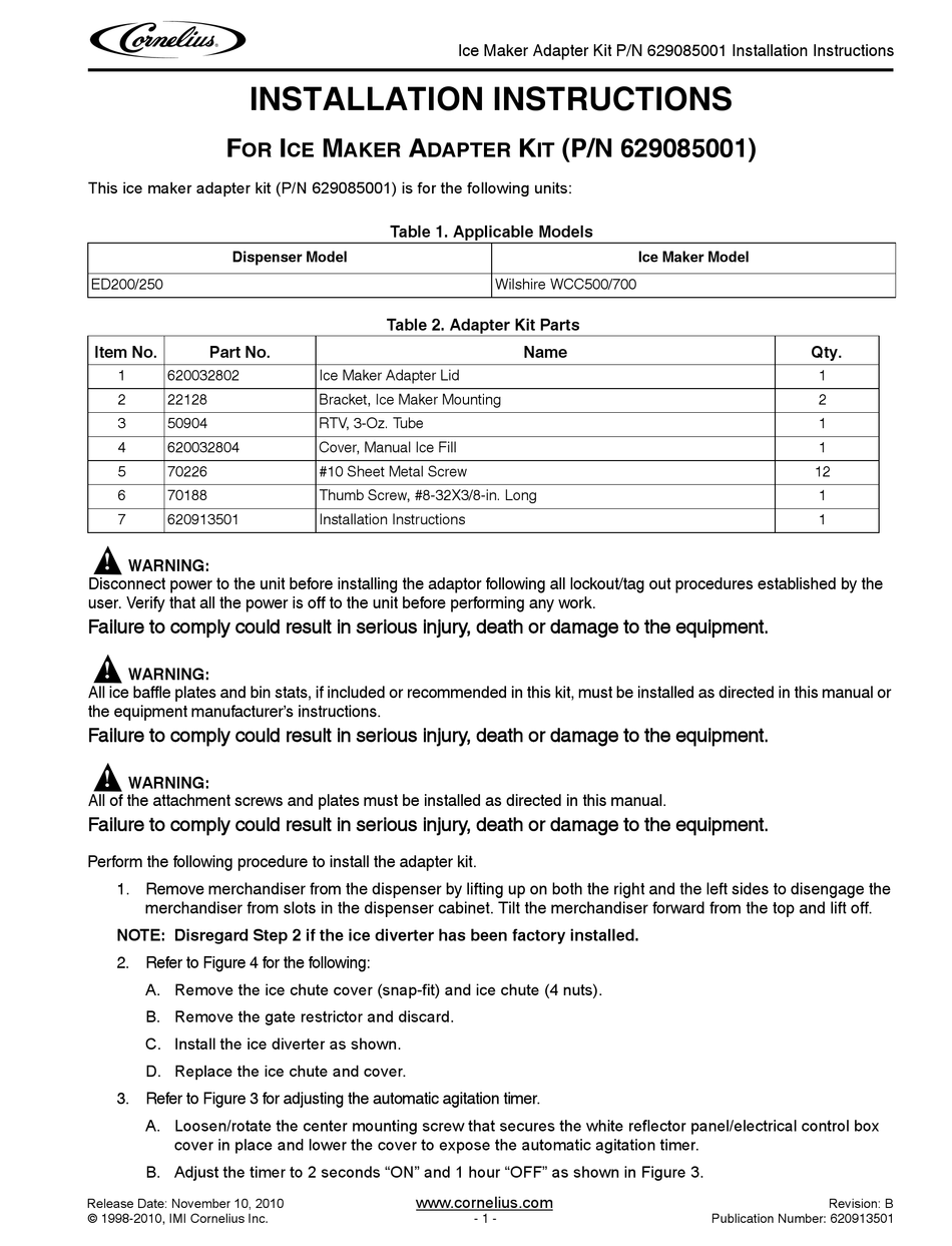 CORNELIUS P/N 620032802 INSTALLATION INSTRUCTIONS MANUAL Pdf Download