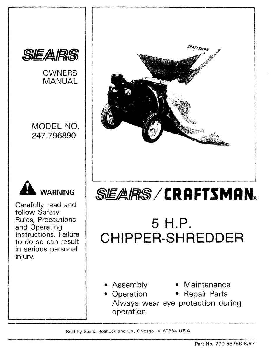 craftsman 10 hp chipper shredder 7799930 manual