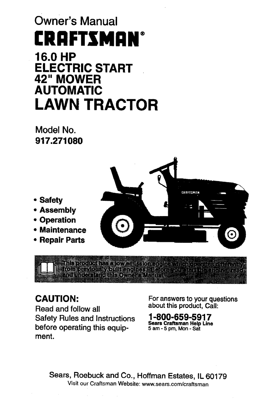 CRAFTSMAN ELECTRIC START 917.27108 OWNER'S MANUAL Pdf Download ManualsLib