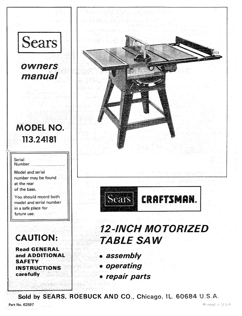 Sears Craftsman  Table Saw Manual Model # 113.241691 