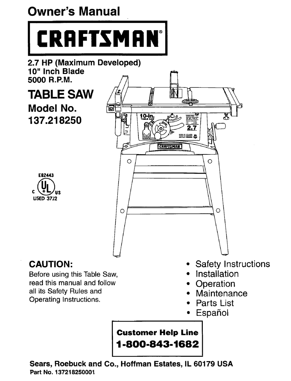 Craftsman 10 table saw deals 2.7 hp