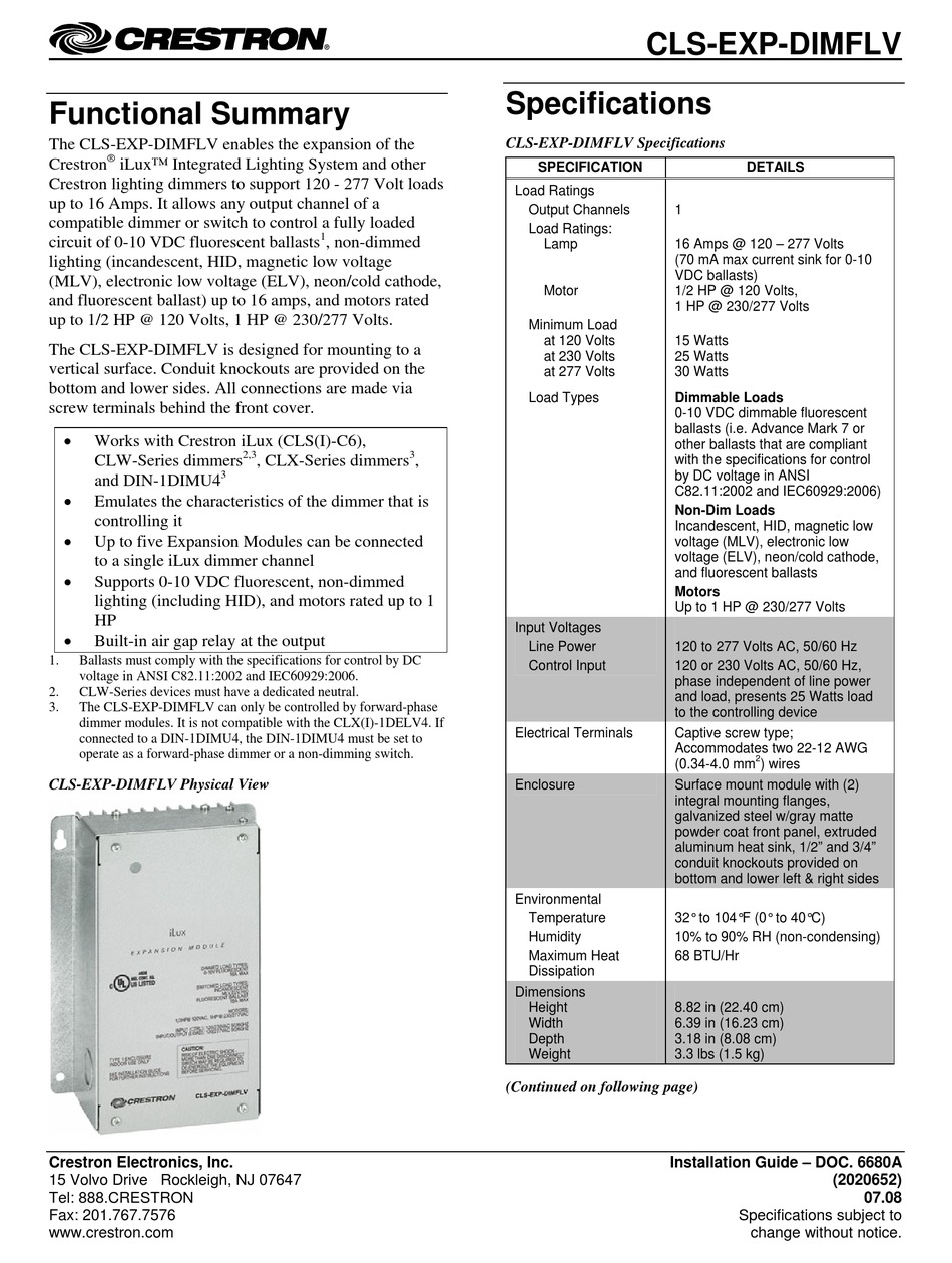CRESTRON CLS-EXP-DIMFLV SPECIFICATIONS Pdf Download | ManualsLib