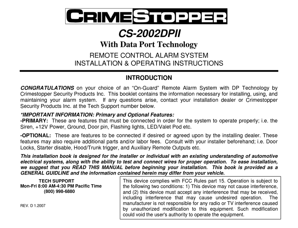 CRIMESTOPPER CS-2002DPII INSTALLATION AND OPERATING INSTRUCTIONS MANUAL