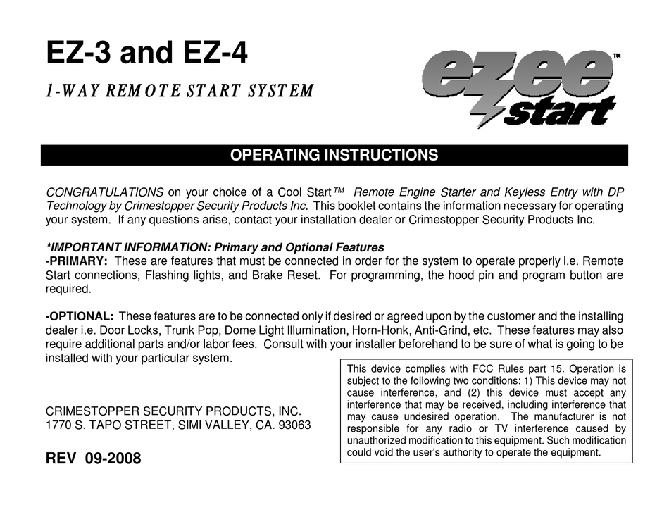 Crimestopper Ezee Start Ez 3 Operating Instructions Manual Pdf Download Manualslib